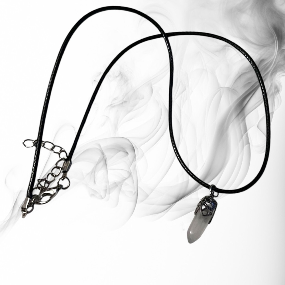 Quartz Crystal Necklace Pointed Stone White Black Cord Handmade - Picture 2 of 6